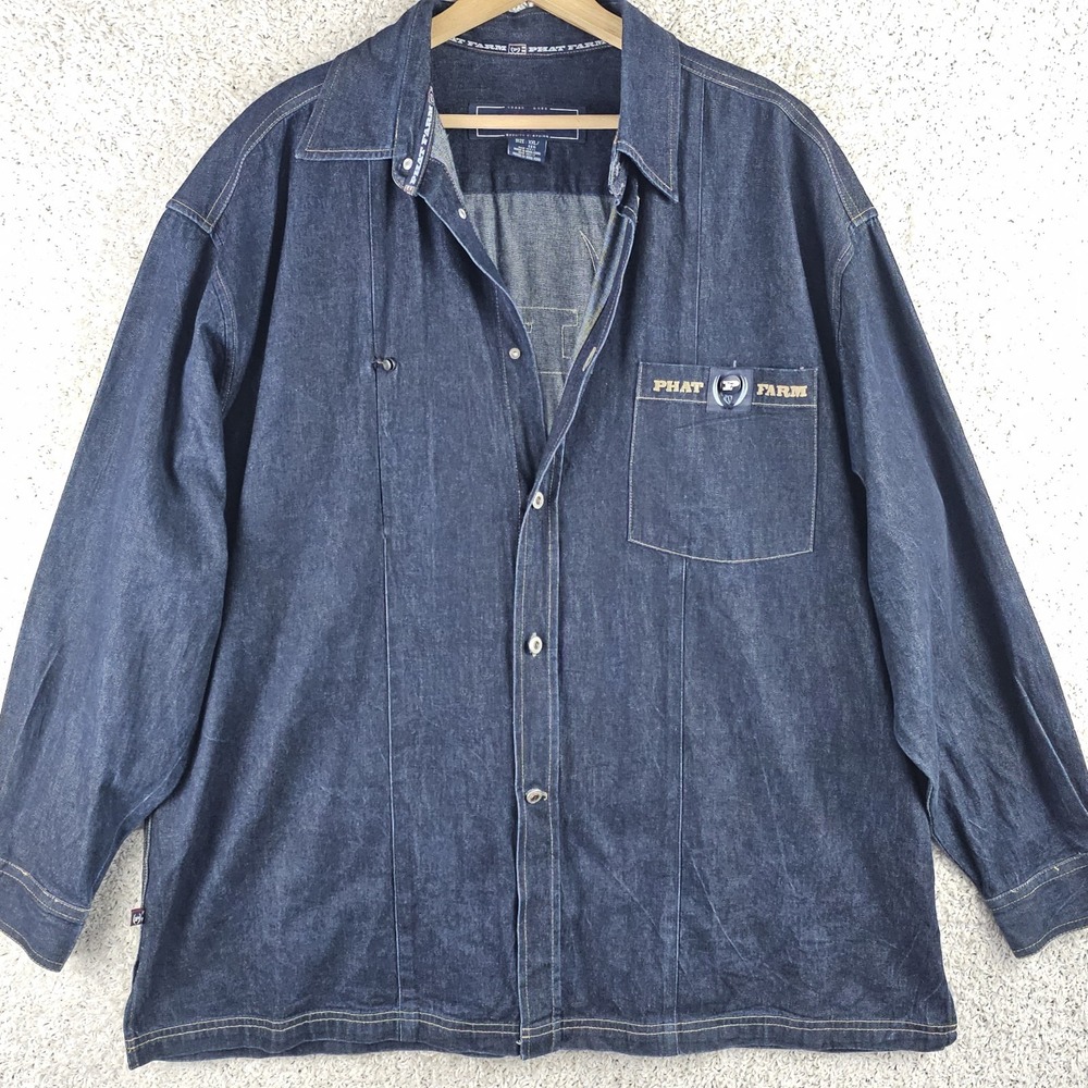 Vintage Phat Farm Denin Embroidered Heavy Shirt Sz 2XL 90s Streetware Baggy